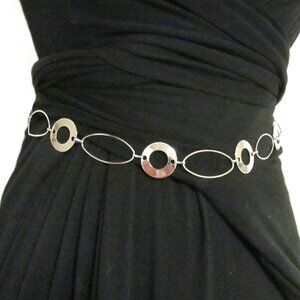 Adjustable Silver Tone Circular & Oval Metal Chain Link Waist Belt